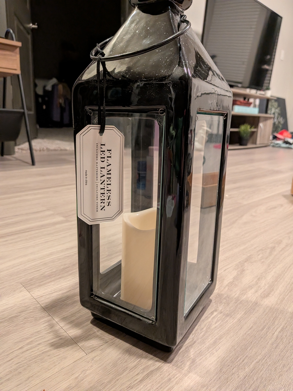 Black Glass Lantern with Cream LED Candle NEW